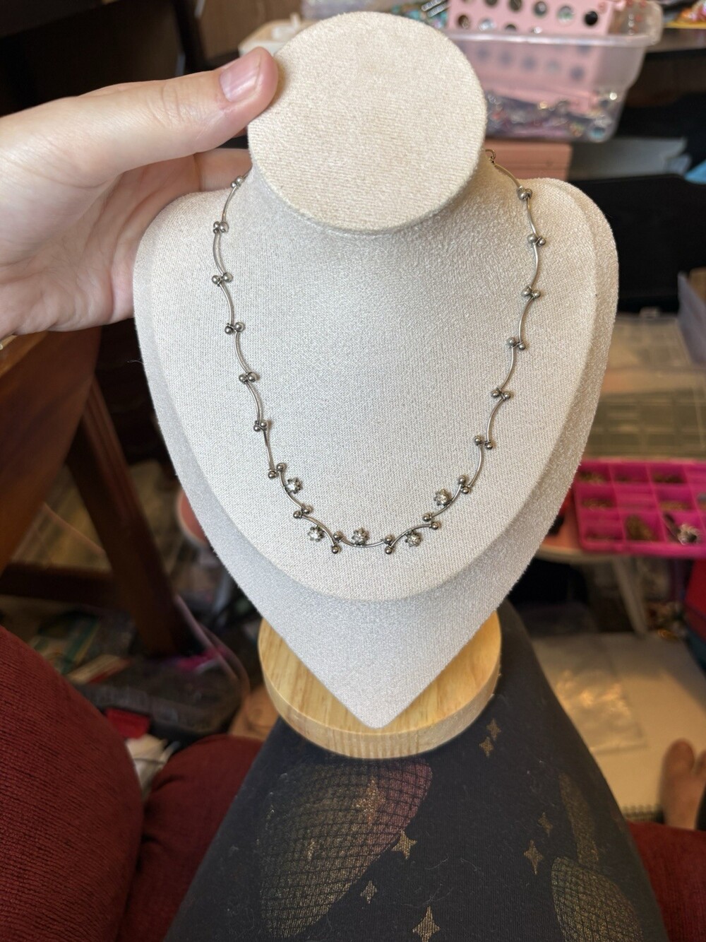 Silver Tone Curved Link Necklace Clear Rhinestone Bead Detail Elegant